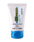 Ein weiß-blauer 30ml tube hot extratreme gleitmittel auf wasserbasis mit komfortöl a+ inhaltsstoffe sichtbar