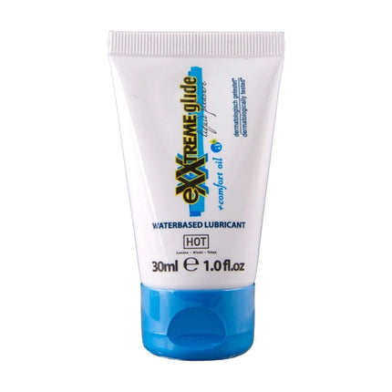 Ein weiß-blauer 30ml tube hot extratreme gleitmittel auf wasserbasis mit komfortöl a+ inhaltsstoffe sichtbar