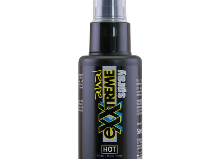 Schwarze kunststoff-sprühflasche mit klarem sprühkopf und etikett revel xxtreme hot spray für analgebrauch 50 ml