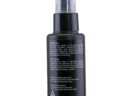 Schwarze plastik-sprühflasche mit klarem aufsatz und schwarzer pumpe hot extratremes analspray 50 ml