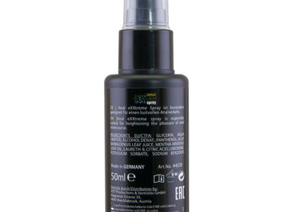 Schwarze kunststoff-sprühflasche hot ekstratremes analspray 50 ml mit klarer düse und rückseitigem etikett mit inhaltsstoffen