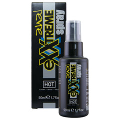 Schwarze sprühflasche mit gelber und blauer exxtreme-markierung von hot anal spray 50 ml
