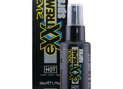 Schwarze sprühflasche mit gelber und blauer exxtreme-markierung von hot anal spray 50 ml