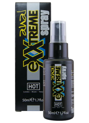 Schwarze sprühflasche mit gelber und blauer exxtreme-markierung von hot anal spray 50 ml