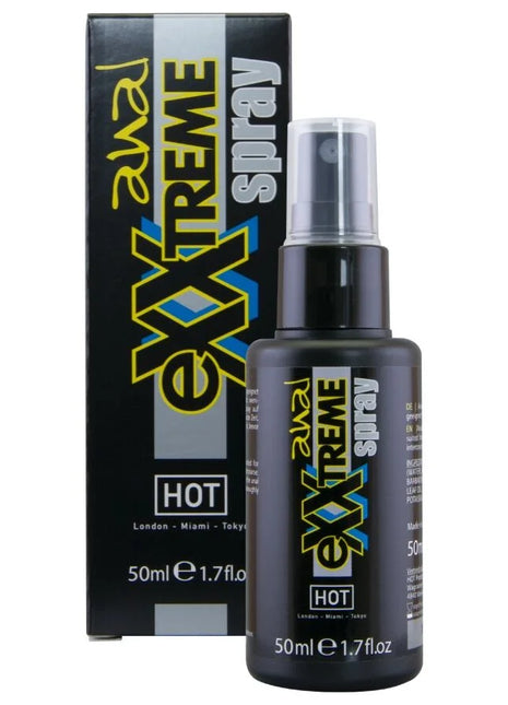 Schwarze sprühflasche mit gelber und blauer exxtreme-markierung von hot anal spray 50 ml