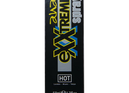 Schwarze rechteckige box für hot extratremes analspray 50 ml mit auffälligem gelb-blauem branding und hot label