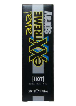 Schwarze rechteckige box für hot extratremes analspray 50 ml mit auffälligem gelb-blauem branding und hot label