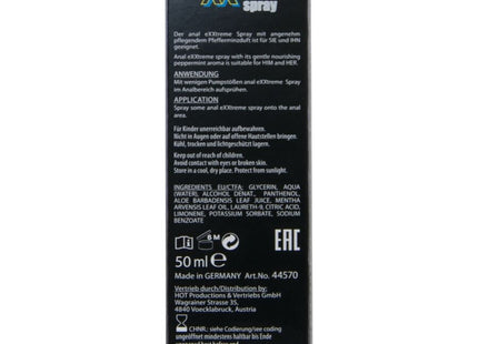 Die rückseite der schwarzen hot extratremes analspray box 50 ml mit grün-gelbem logo und weißem ingredienzien- und anwendungstext