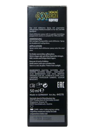 Die rückseite der schwarzen hot extratremes analspray box 50 ml mit grün-gelbem logo und weißem ingredienzien- und anwendungstext