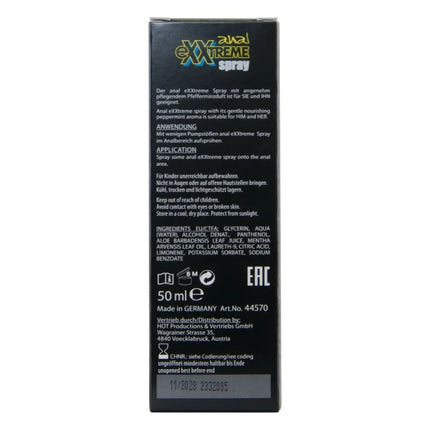 Die rückseite der schwarzen hot extratremes analspray box 50 ml mit grün-gelbem logo und weißem ingredienzien- und anwendungstext