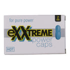 Weiße rechteckige box mit exxtreme power caps hot exxtreme leistungskondensatoren man 2 einheiten schwarz-gelb mit blauem kapselmotiv