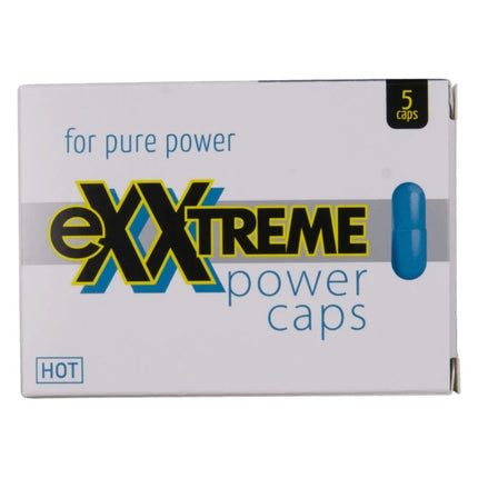 Weiße kartonverpackung von exxtreme power caps mit kräftigem schwarz-gelbem branding und blauer kapselillustration