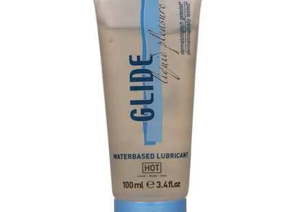 Ein transparenter beiger schlauch mit heißem glide wasserbasiertem gleitmittel 100 ml und blauen akzenten