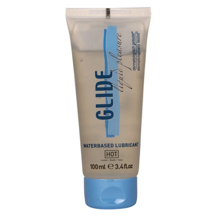 Ein transparenter beiger schlauch mit heißem glide wasserbasiertem gleitmittel 100 ml und blauen akzenten
