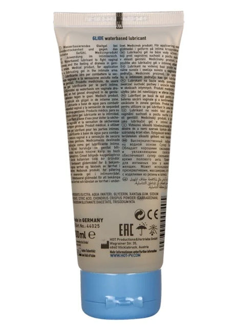 Weißer kunststofftubus mit hotspot water-based gleitmittel 100 ml mit mehrsprachiger beschriftung auf der rückseite