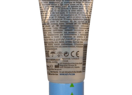 Ein durchsichtig weißer schlauch mit blauer kappe und silbernem riffelverschluss für hot glide wasserbasiertes gleitmittel 30 ml