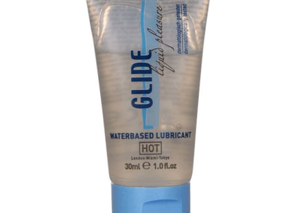 Ein durchsichtiges silikonfreies gleitmittel auf wasserbasis hot glide liquid pleasure 30 ml mit blauem deckel
