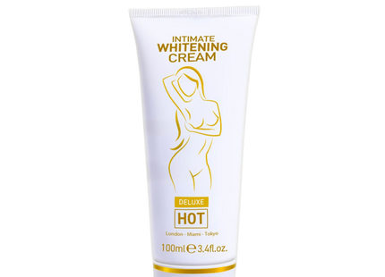 Weiße tube mit goldfarbener beschriftung und stilisierter weiblicher silhouette für deluxe hot intime aufhellende creme 100 ml