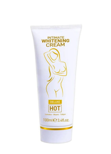 Weiße tube mit goldfarbener beschriftung und stilisierter weiblicher silhouette für deluxe hot intime aufhellende creme 100 ml