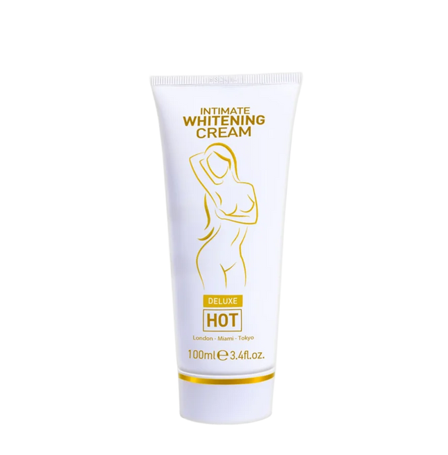 Weiße tube mit goldfarbener beschriftung und stilisierter weiblicher silhouette für deluxe hot intime aufhellende creme 100 ml