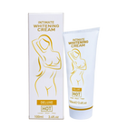 Weiße tube und passende box der intimen aufhellungscreme hot mit goldfolie und stilisiertem weiblichem motiv