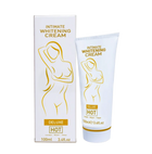 Weiße tube und passende box der intimen aufhellungscreme hot mit goldfolie und stilisiertem weiblichem motiv