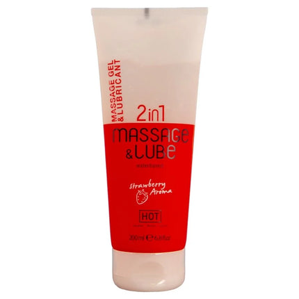 Roter und weißer tube mit hot massage und gleitgel 2in1 erdbeere 200 ml aromatisches massagegel und gleitmittel