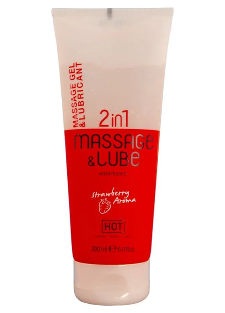 Roter und weißer tube mit hot massage und gleitgel 2in1 erdbeere 200 ml aromatisches massagegel und gleitmittel