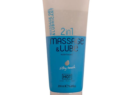 Ein blau-weißes tube von hot massage- und gleitgel 2in1 silky touch mit seidiger formel und 200 ml inhalt