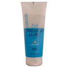 Ein blau-weißes tube von hot massage- und gleitgel 2in1 silky touch mit seidiger formel und 200 ml inhalt