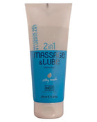 Ein blau-weißes tube von hot massage- und gleitgel 2in1 silky touch mit seidiger formel und 200 ml inhalt