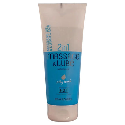 Ein blau-weißes tube von hot massage- und gleitgel 2in1 silky touch mit seidiger formel und 200 ml inhalt