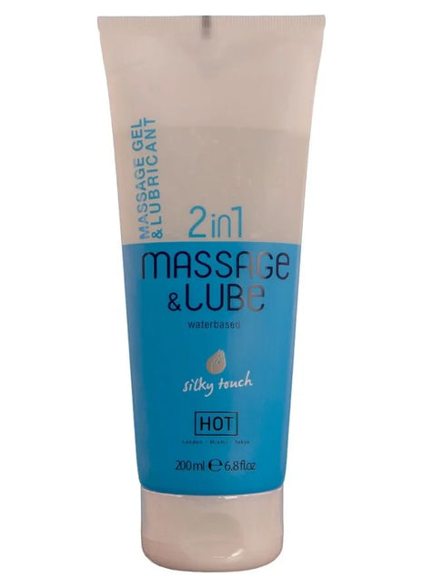 Ein blau-weißes tube von hot massage- und gleitgel 2in1 silky touch mit seidiger formel und 200 ml inhalt