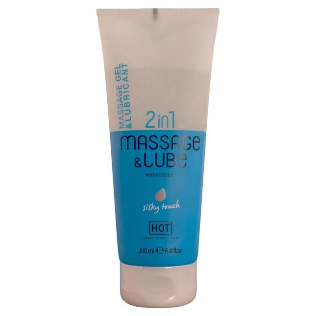 Ein blau-weißes tube von hot massage- und gleitgel 2in1 silky touch mit seidiger formel und 200 ml inhalt