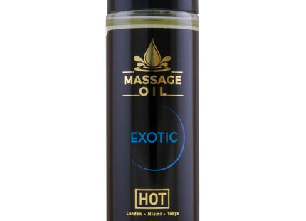Schwarze zylinderförmige flasche massageöl mit gold-blauem etikett exotisch heiß 100 ml tropfensymbol