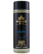 Schwarze zylinderförmige flasche massageöl mit gold-blauem etikett exotisch heiß 100 ml tropfensymbol