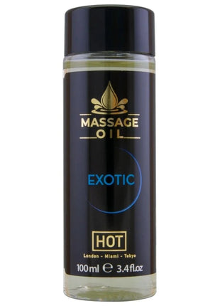 Schwarze zylinderförmige flasche massageöl mit gold-blauem etikett exotisch heiß 100 ml tropfensymbol