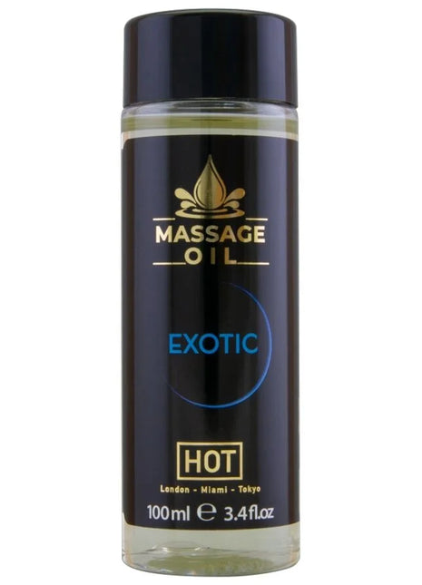 Schwarze zylinderförmige flasche massageöl mit gold-blauem etikett exotisch heiß 100 ml tropfensymbol