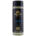 Schwarze zylinderförmige flasche massageöl mit gold-blauem etikett exotisch heiß 100 ml tropfensymbol