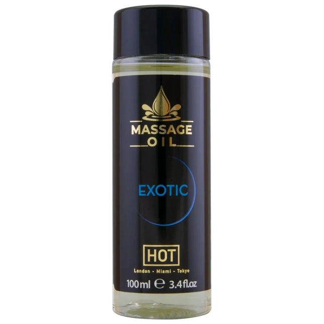 Schwarze zylinderförmige flasche massageöl mit gold-blauem etikett exotisch heiß 100 ml tropfensymbol