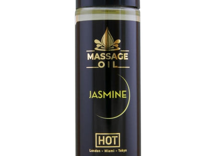 Schwarze glasflasche mit goldener schrift und schwarzem deckel mit massageöl jasmin hot 100 ml fassungsvermögen
