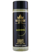 Schwarze glasflasche mit goldener schrift und schwarzem deckel mit massageöl jasmin hot 100 ml fassungsvermögen