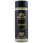 Schwarze glasflasche mit goldener schrift und schwarzem deckel mit massageöl jasmin hot 100 ml fassungsvermögen