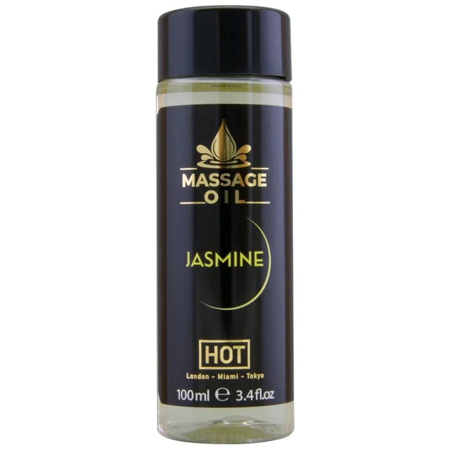 Schwarze glasflasche mit goldener schrift und schwarzem deckel mit massageöl jasmin hot 100 ml fassungsvermögen
