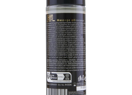 Klare plastikflasche mit schwarzem deckel und etikett, kokosnussduftendes massageöl hot massageöl kokosnuss 100 ml