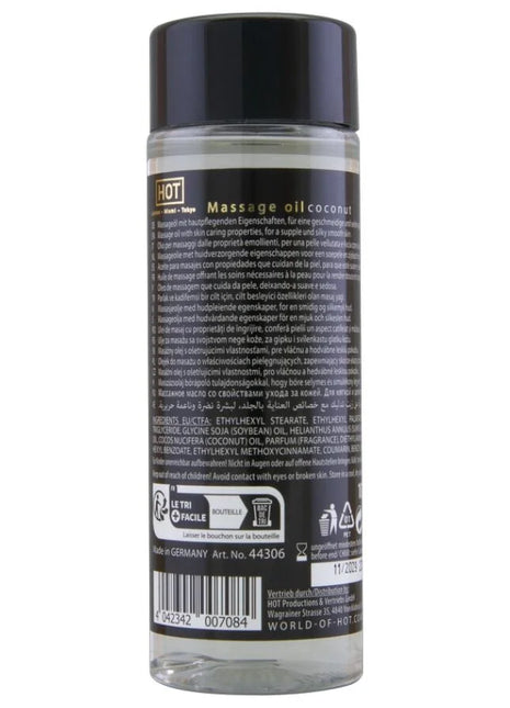 Klare plastikflasche mit schwarzem deckel und etikett, kokosnussduftendes massageöl hot massageöl kokosnuss 100 ml