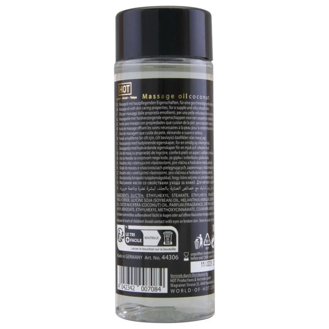 Klare plastikflasche mit schwarzem deckel und etikett, kokosnussduftendes massageöl hot massageöl kokosnuss 100 ml