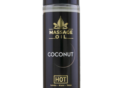 Hot massageöl kokosnuss 100 ml in klarer glasflasche mit schwarzem und goldenem etikett für entspannende massages