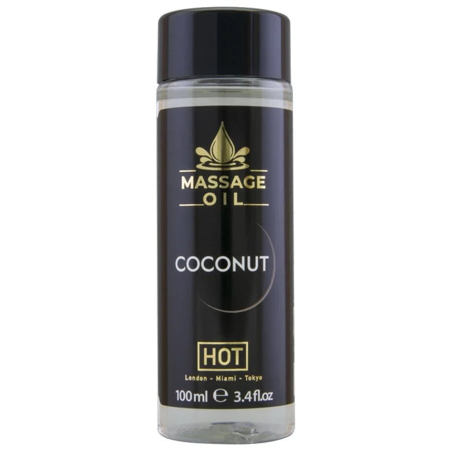 Hot massageöl kokosnuss 100 ml in klarer glasflasche mit schwarzem und goldenem etikett für entspannende massages