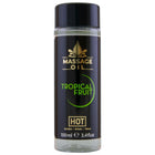 Schwarze zylindrische flasche mit tropisch-fruchtigem massageöl hot massageöl tropische früchte 100 ml mit glänzendem schwarzen deckel und goldener beschriftung